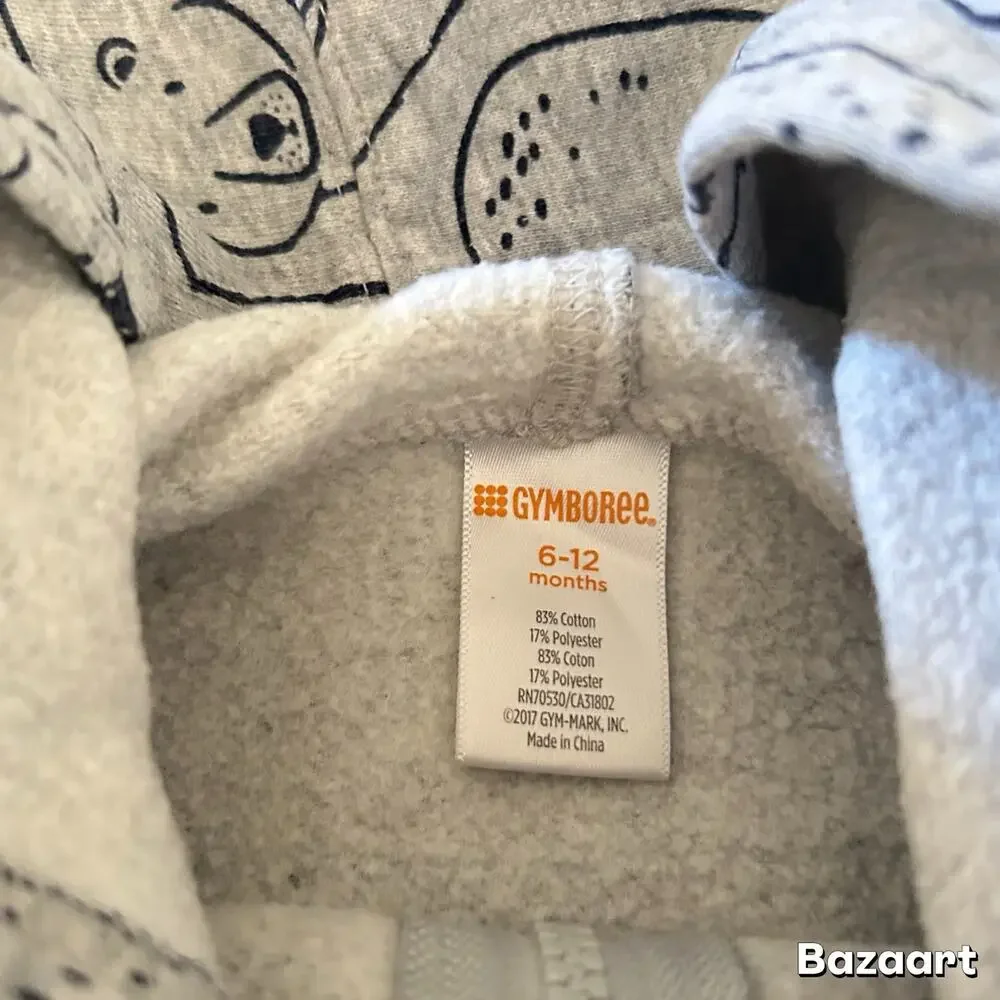 Gymboree Bear Print Zip Up Hooded Jacket 6-12M Grey Navy